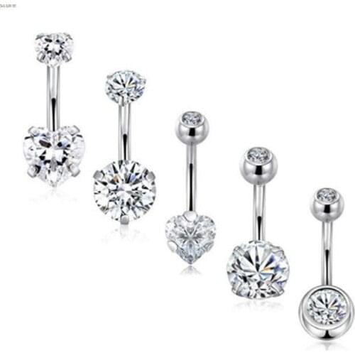 5pcs/Lot Surgical Steel Belly Button Ring For Women White Crystal Heart Navel Bars Fashion Piercing Body Jewelry Free Shipping