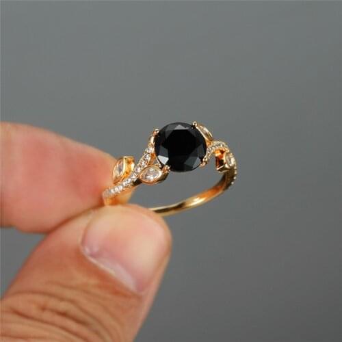 Vintage Female Small Black Round Zircon Stone Ring Boho Yellow Gold Bridal Engagement Ring Crystal Wedding Rings For Women