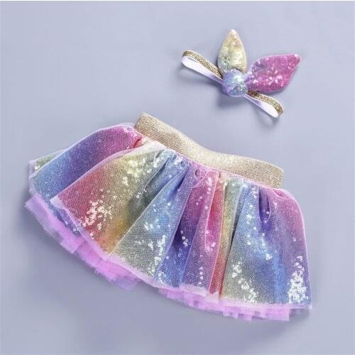 Summer 0-8Y Kids Girls TUTU Skirt Children set Rainbow Sequin Bow Headband Tulle Skirt Princess Costume Baby Girl Clothes A349