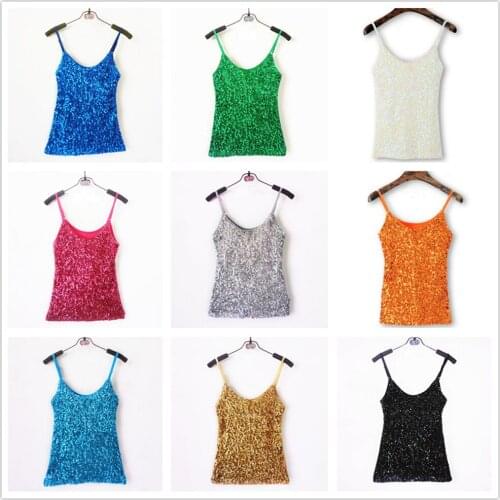 Women Shiny Sequins Tanks Tops Sleeveless T Shirts Blouse Sexy Ladies Vest Glitter Sling Strappy Tops Multicolors