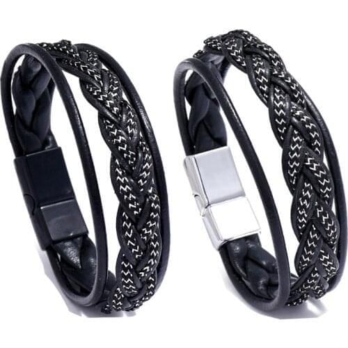 Braided Leather Bracelet for Men Snake Pattern Wrap Bracelet Bangle Alloy Magnetic Clasp Wristband Mens Hand Jewelry Accessories