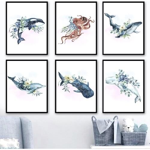 Whale Dolphin Octopus Marine Life Wall Art Canvas Painting Cartoons Nordic Posters And Prints Wall Pictures Baby Girl Room Decor