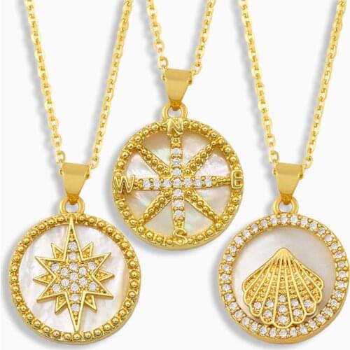 FLOLA CZ Micro Pave Star Necklace For Women Round Disc Shell Compass Pendant Necklace Wholesale Bulk Jewelry bisuteria nket69