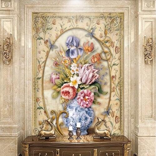 Custom wallpaper 3d European pattern Mediterranean rich and precious vase flower mural 3D marble porch background wall 3d обои