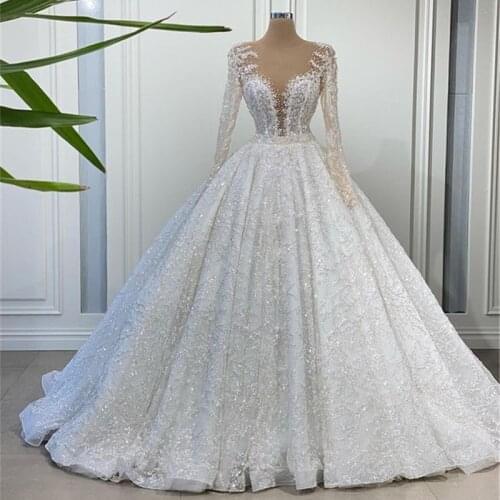 Luxury Sequins Lace Ball Gown Wedding Dresses 2021 Robe De Mariage Romantic Long Sleeve Wedding Gowns Vestido De Noiva