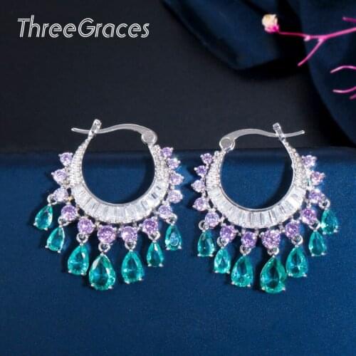 ThreeGraces Luxury Light Blue Cubic Zirconia Waterdrop Tassel Big Dangle Earrings Bridal Wedding Women Jewelry Accessory ER457
