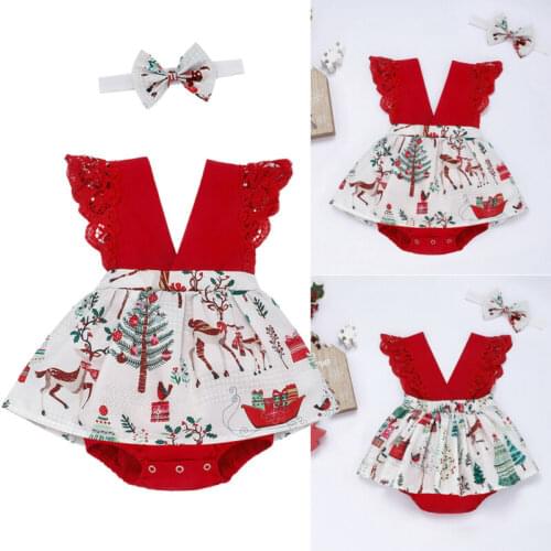 Emmababy Christmas Baby Girl Infant Tutu Skirt Lace Patchwork V Neck Floral Printed Patchwork Jumpsuit Bodysuit Outfit Clothes