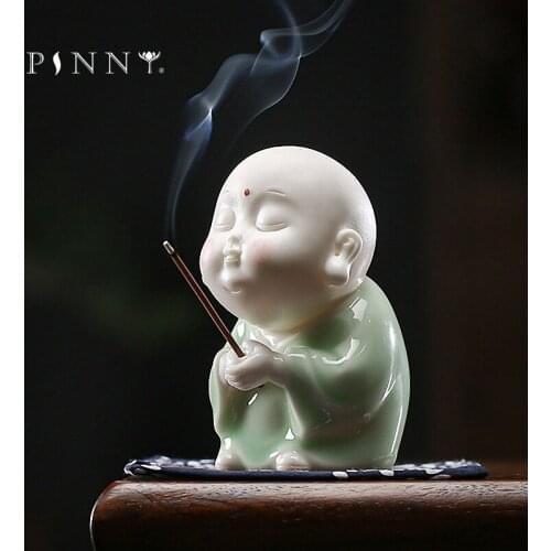 PINNY White Porcelain Cute Monk Decoration Creative Ceramic Crafts Statues Stick Incense Holder Home Decoration Accessories