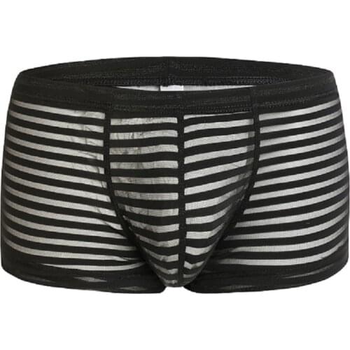 Sexy Mesh Striped Ice Silk Boxers Shorts Mens See Through Transparent Underpants Men Underwear Male Gay Penis Pouch Shorts