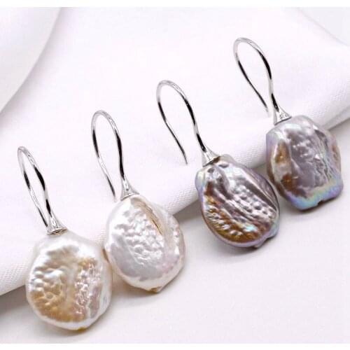Baroque earrings, coin shape, natural freshwater pearls, 925 silver earrings, white gray, pearl earrings
