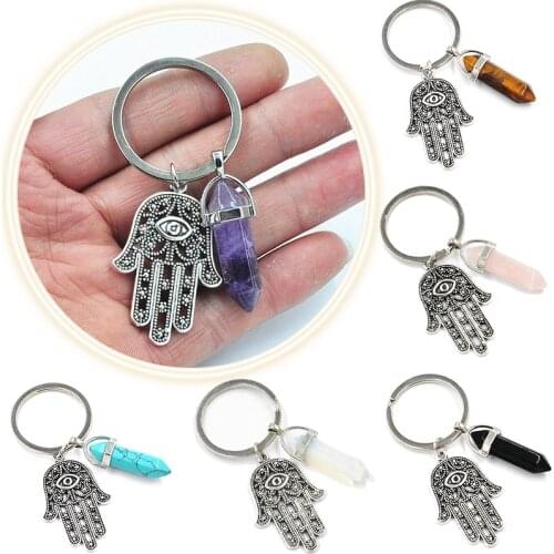 Evil Eye Natural Quartz Crystal Point Chakra Healing Stone Gem Stone Crystal Pendant Keyring Key Chain Accessorie Family Gifts