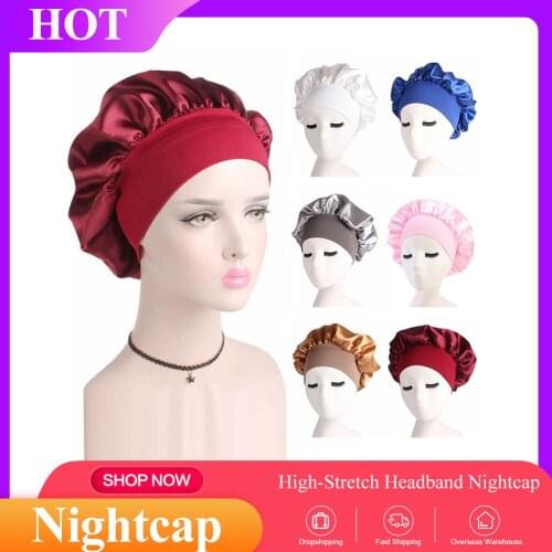 New Women Sleeping Cap Satin Solid Wide-brimmed Adjust Soft Silk Night Sleep Hair Care Bonnet Nightcap Scarves Shower Cap Tools