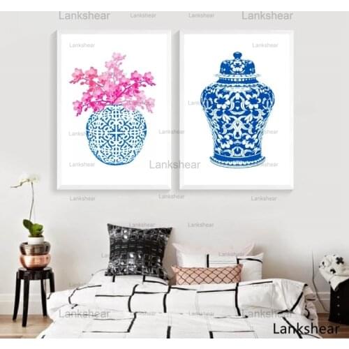Blue and White Ginger Jar Print Chinoisierie Chic Canvas Art Painting Blue White Chinoiserie Vase and Porcelain Giclee Pictures