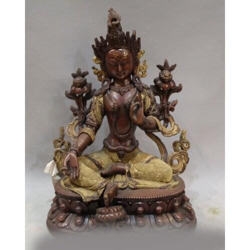 Tibet Tibetan Temple Pure Bronze Gilt Green Tara Enlightenment Goddess Buddha