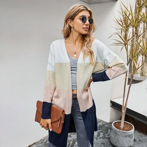 Knit V-neck Color Contrast Cardigan Navy Blue Wine Red Brown Sweaters Coat