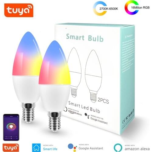 E14 Tuya Smart Wifi LED Bulb RGB+C+W Dimmable Light Bulb Work with Alexa Echo Google Home Assistant, No Hub Required 2 Packs
