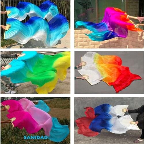 Popular Gradient-Color Belly Dance Real Silk Fan Veil Women Multicolor Long Folding Fans for Stage Performance Props Fan 1Pair
