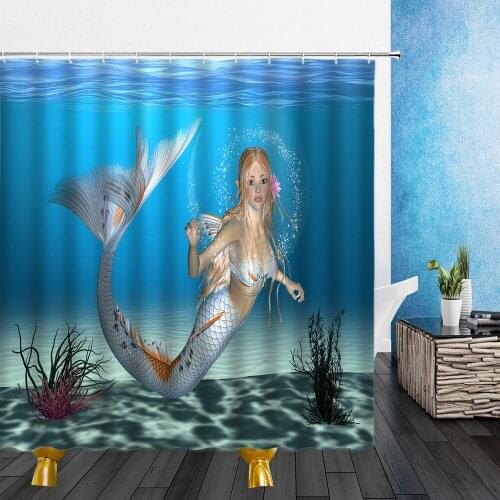 Myth Landscape Shower Curtains Mermaid Blue Ocean Dolphin 3D Waterproof Polyester Cloth Bathroom Decor Curtains With Hooks