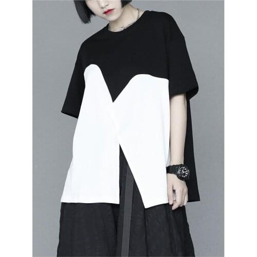 Ladies summer new popular design black and white contrast color loose pullover round collar large size short sleeve T-shirt