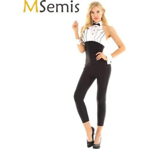MSemis Women Maid Uniform Outfit Waitress Cosplay Costume Ruffle Bow Tie Sleeveless Tuxedo Body suits Trousers with Wrist Cuffs