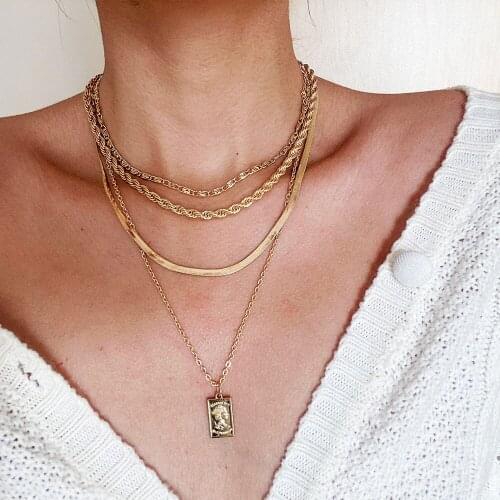 New Vintage Fashion Gold Silver Color Rope Chain Snake Chain Square Head Pendant Necklaces For Women Multilevel Female Jewelry