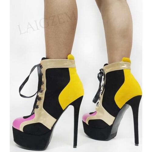 LAIGZEM Women Ankle Platform Booties High High Heels Patchwork Short Boots Donne Stivali Shoes Woman Large Size 43 44 46 47 52