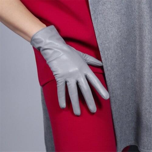 WomenS Genuine Leather Gloves 25cm Short Goatskin Thin Velvet Lined Gray SH-S00193