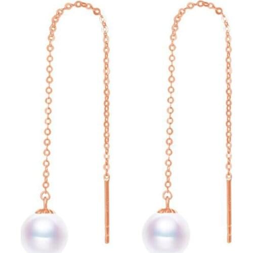 Sinya Au750 gold rose color drop earring with 7-9 mm Natural Round high luster pearls long chain tassel design earring for women