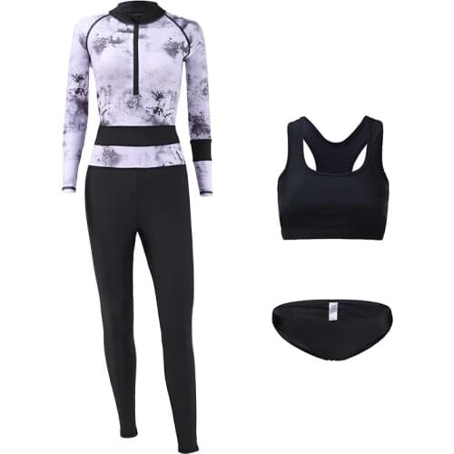 Womens Half Zip Long Sleeve Rash Guard One-piece Diveskin with Bikini Set 3pcs UPF 50 Sun Protection Swimsuit Activewear