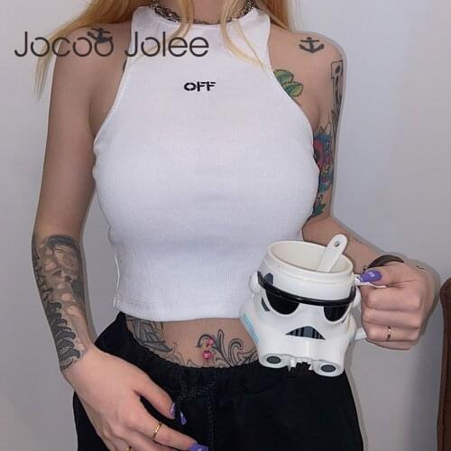 Jocoo Jolee Women Summer Sexy Solid Knit Crop Tops Letter Embroidery Off Shoulder Tees Casual Sport Streetwear Short T-Shirts
