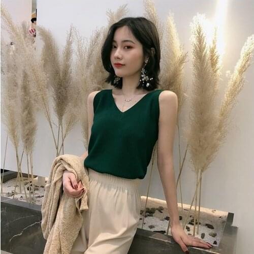 Womens All-match Ice Silk Camisole For Female Outer Wear Sleeveless Sweater Korean Version Of Loose V-neck Short Bottoming Top