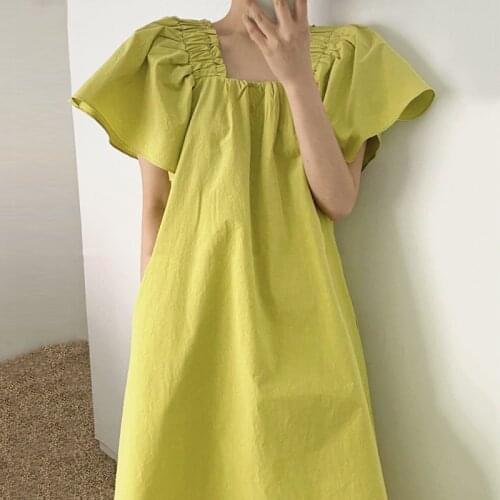 Womens Spring Summer Korea Fashion Designer Short Flare Sleeve Brief Dress Female Square Collar Chic Casual Loose Dress TB798