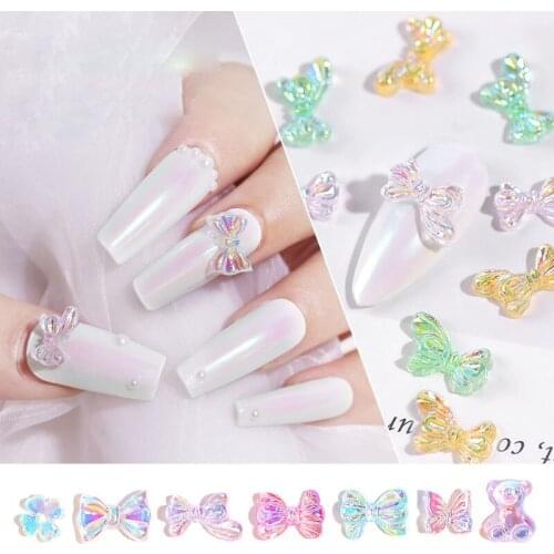 10pcs Aurora Butterfly Bowknot Flower Bear 3D Nail Art Decorations Nail Polish UV Gel DIY Ornaments Manicure Design Accessories
