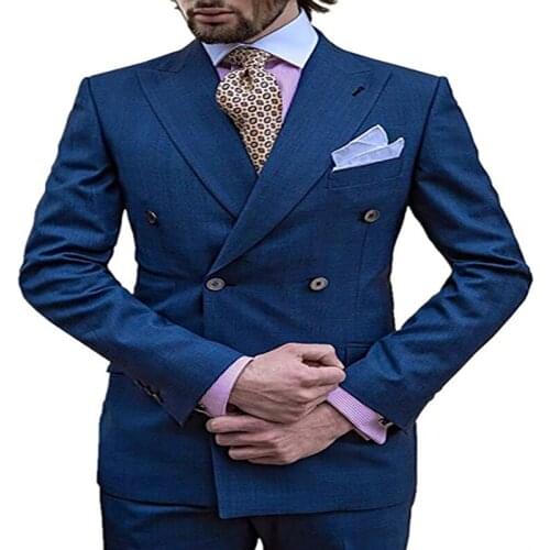 2020 Royal Blue Double-breasted Suit Mens Wedding Party Suits Business Suit Custom Made Men Fashion Groom Tuxedos(Blazer+Pants)