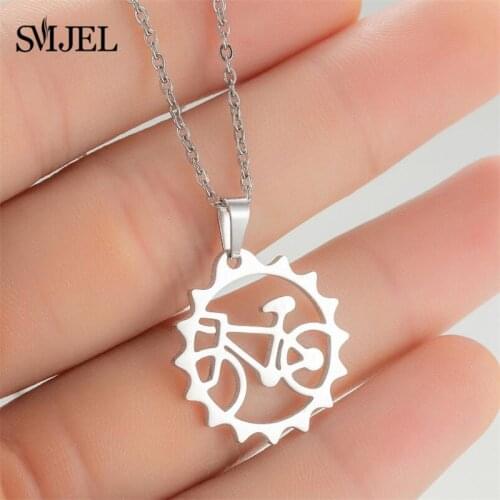 2021 Fashion Stainless Steel Bicycle Necklace Women Minimalist Gear Sun Round Charm Necklaces Pendants Jewelry colgante mujer