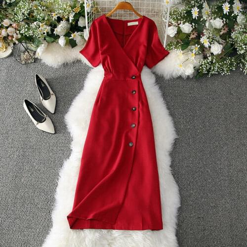 2021 New Fashion Womens Solid Dress Female Casual V-neck Short-Sleeved Dresses