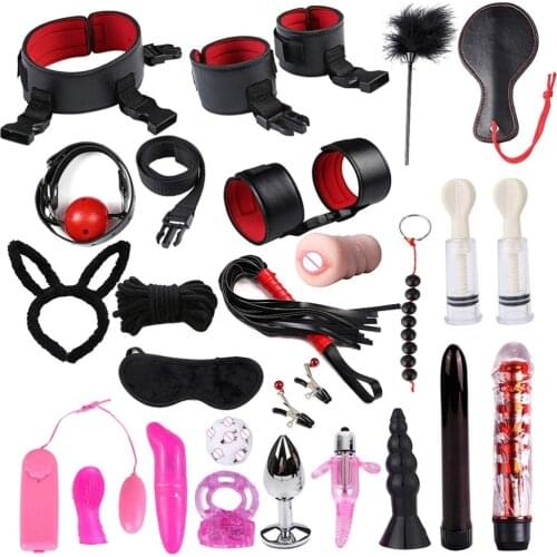 24pcs Leather Bundled Sex Toys Couples Hoop Bondage Sponge Handcuffs Set