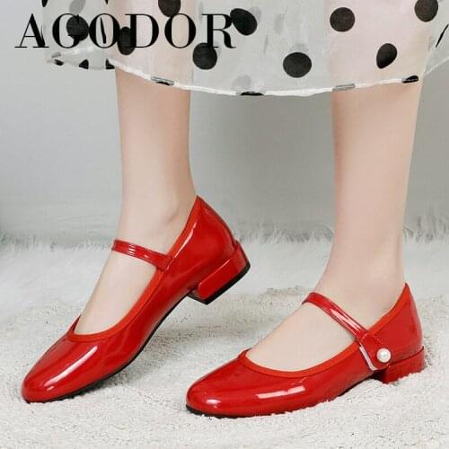 AGODOR Patent Leather Mary Janes Shoes Women Low Heels Pearl Block Heel Dress Pumps Round Toe Female Footwear Spring Red Size 43