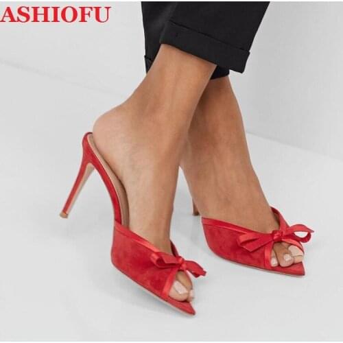 ASHIOFU Handmade Ladies High Heel Slipper Bowtie Peep-toe Casual Summer Shoes Faux-trimmed Suede Mules Fashion Slippers Shoes