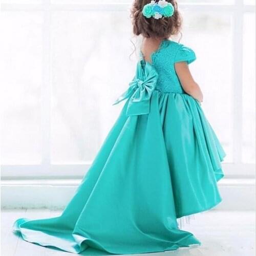 Cute Girls Birthday Party Gowns High Low Satin Flower Girl Dress with Lace Appliques Bow Back High Quality Girls Pageant Gowns