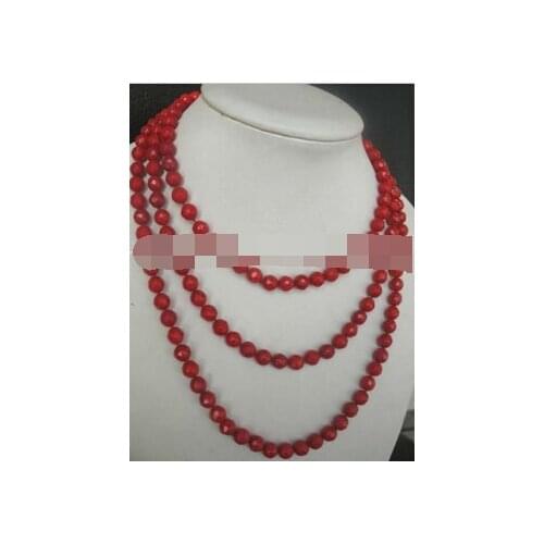 Free shipping 52" red coral round 6mm faceted necklace wholesale beads nature