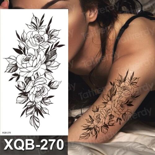 Black Henna Style Tattoo Sticker Flower Leaf Temporary Tattoo Rose Peony Painting Body Art Water Tatouage Fake Tatoo for woman