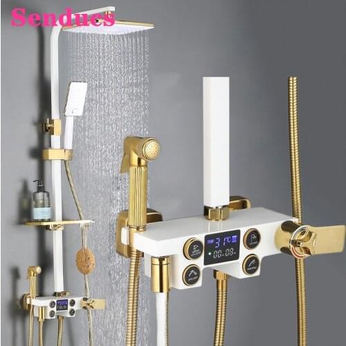 Bathroom Shower Set Quality Brass Bathtub Mixer Faucet 10 Inch Rainfall Shower Head White Gold Thermostatic Digital Shower Set