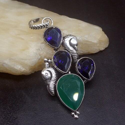 Gemstonefactory Jewelry Big Promotion 925 Silver Gorgeous Green Agate Blue Topaz Women Ladies Gifts Necklace Pendant 1037