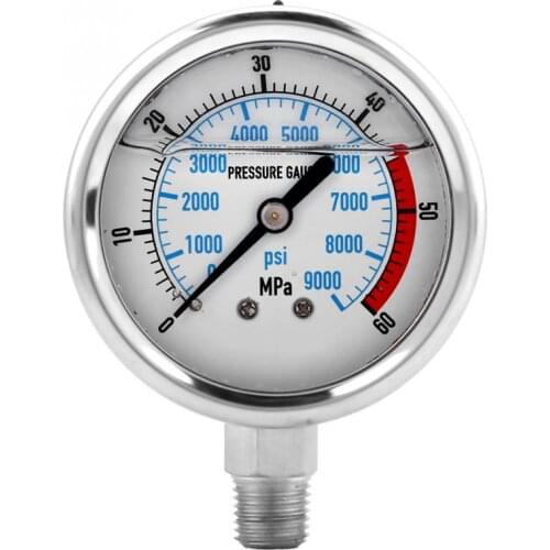 Hydraulic Pressure Gauge Stainless Steel Dual Scale Water Pressure Gauge 60MPA/9000PSI Base Entry NPT1/4 Measures Tools