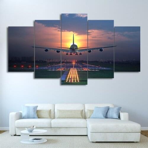 Canvas Wall Art Pictures Frame 5 Pieces Sunset Airplane Lawn Airport Paintings HD Printed Poster Modular Home Decor Living Room