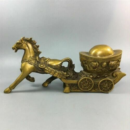 10.63" Collection Chinese pure brass Handmade Lucky Zodiac horse Yuanbao statue