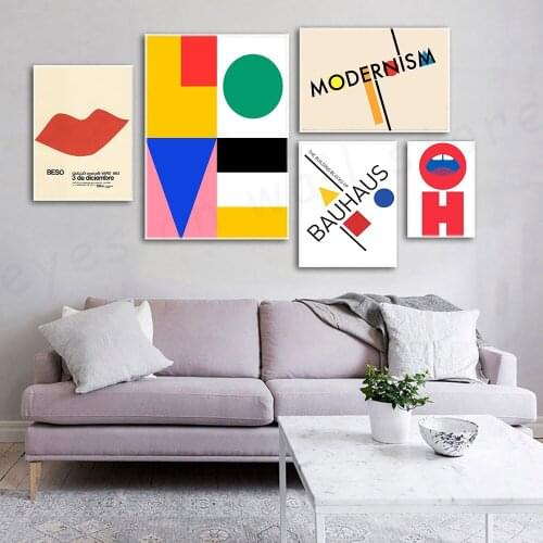 Red Lips Painting Geometry Canvas Prints Green Circle and Blue Triangle Wall Art Posters Pictures for Living Room Home Decor