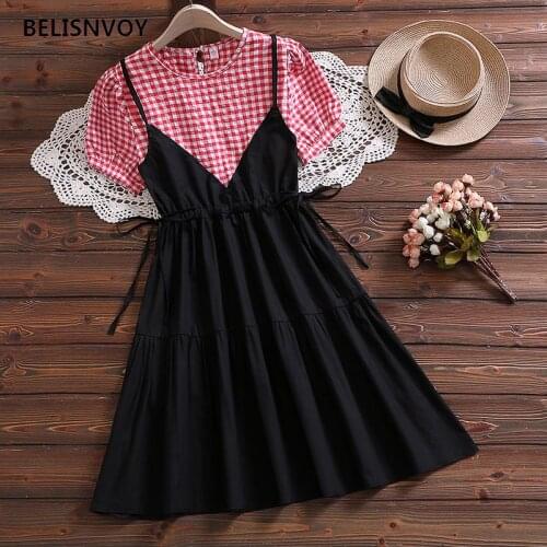 Summer Sweet Collage Style Dress Girls Fake Two-piece A-line Ruffles Dress Plaid Puff Sleeve O-neck High Waist Lace-up Dress