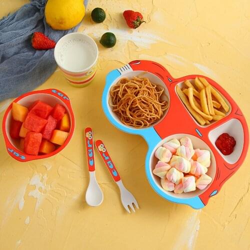 5Pcs/Sets Kids Baby Feeding Set Dishes Fiber Bowl With Cup Spoon Plate Fork Dish Child Utensils Baby Dish Bamboo Tableware